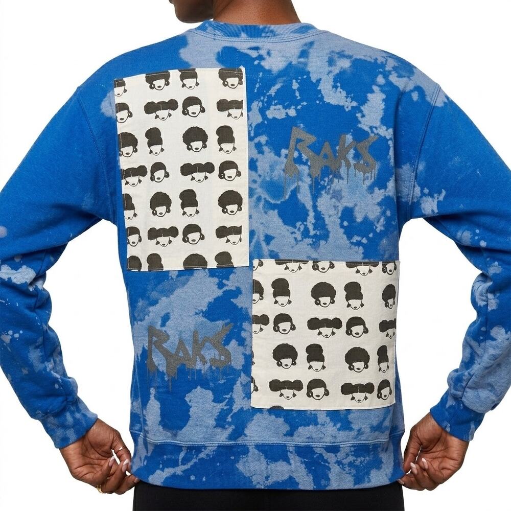 Raks Blue Acid Patch Black Hair Tie Dye Crew Neck Sweatshirt size S Streetwear